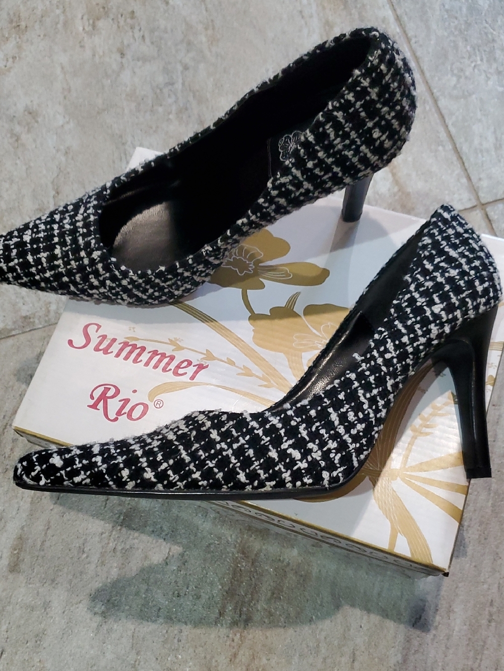 Summer Rio Black & White Tweed Pointed Pumps with Stiletto Heel